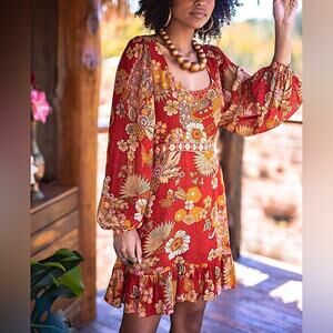 Nine Lives Bazaar Warhol Poinsettia Floral Mini Dress Long Sleeves Ruffle Hem 4